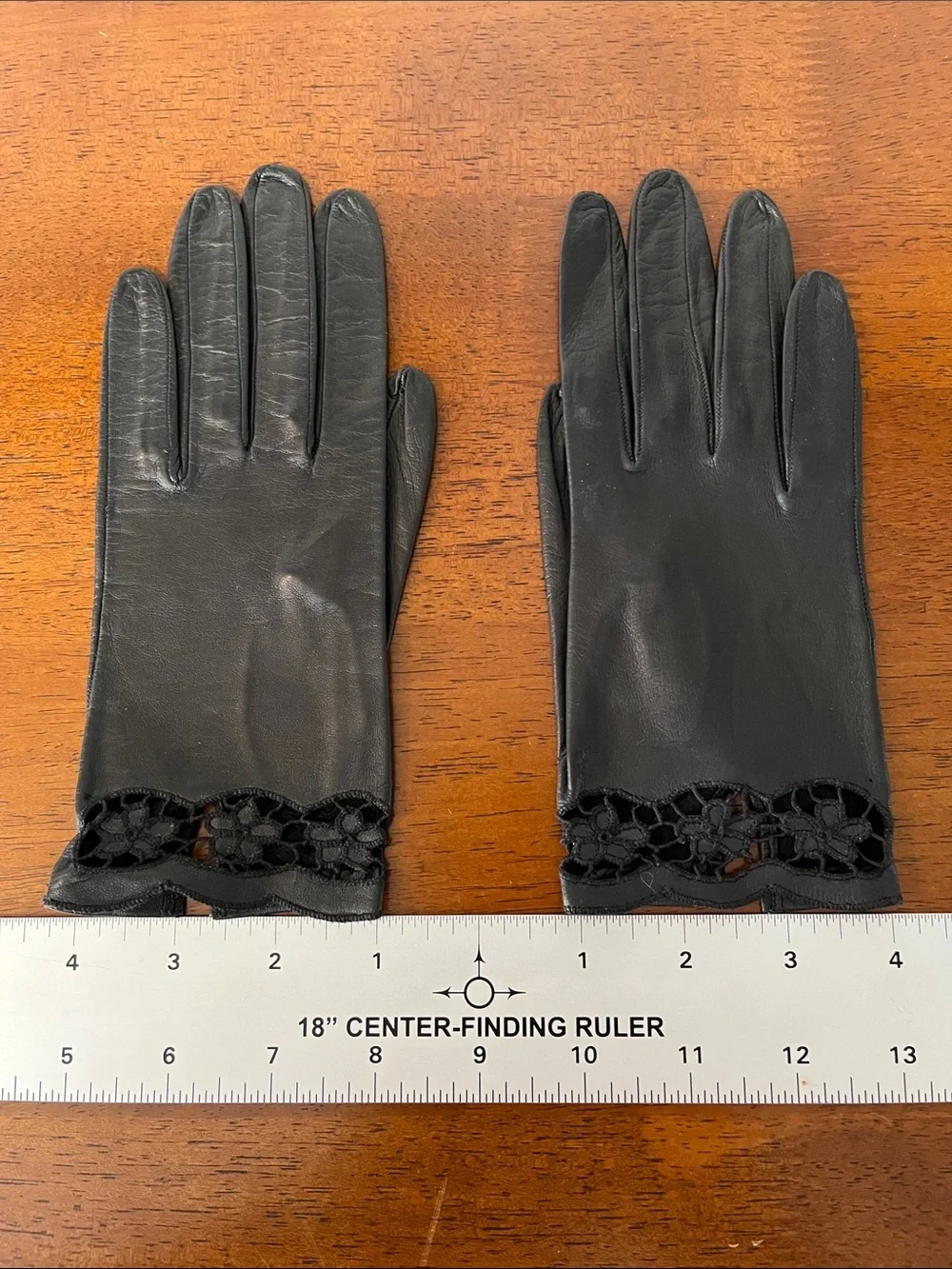 Vintage Women's Black Leather Gloves with Lace Trim